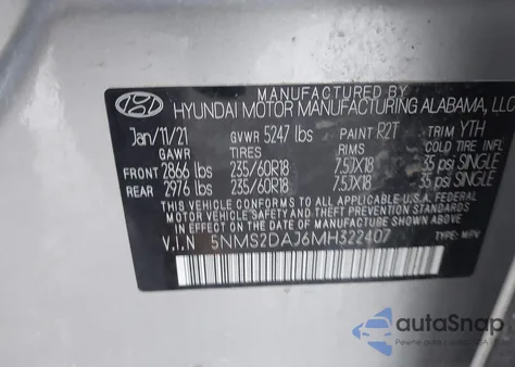 2021 Hyundai Santa Fe Sel из США, поврежденный, VIN 5NMS2DAJ6MH322407